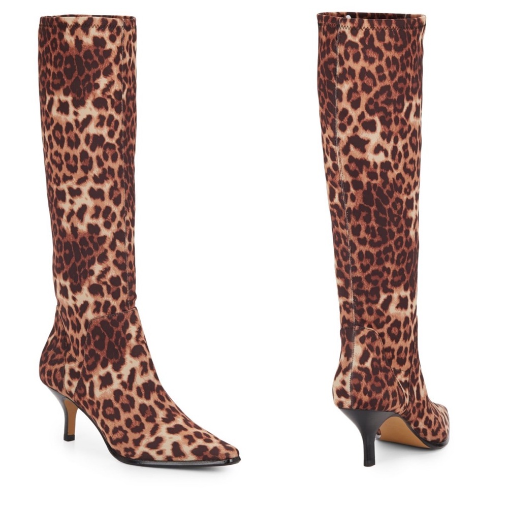 Leopard Print Knee-High Kitten Heel Boots - Women